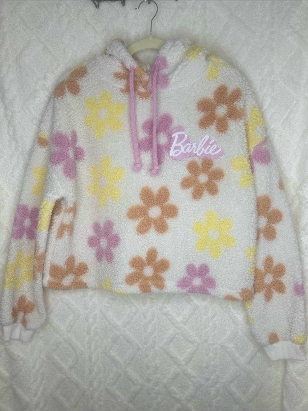 Barbie White Cropped Sherpa Hoodie Sweater with Retro-Style Floral Print